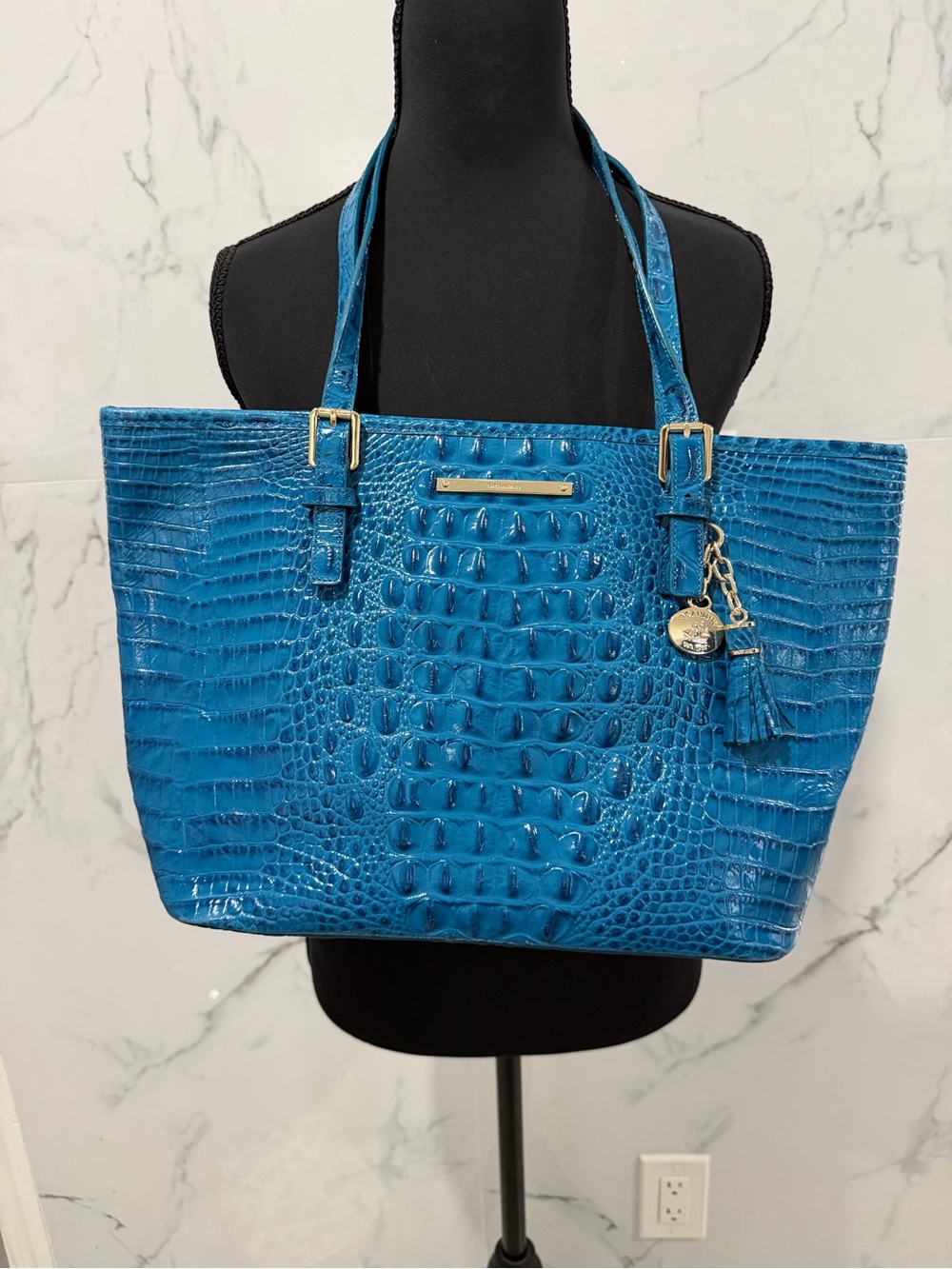 Brahmin Teal Blue Croc-Embossed Tote with Gold Hardware